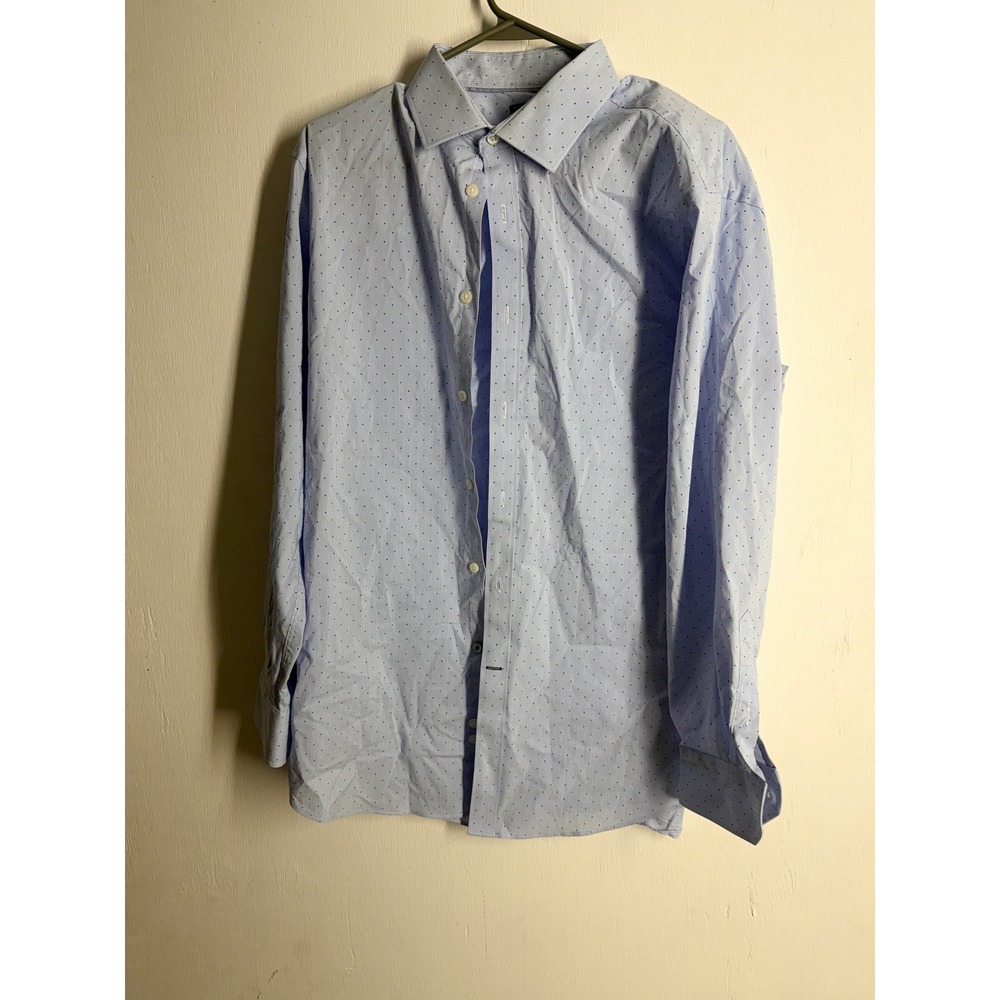 Crown & Ivy Mens Blue White Stripe Polka Dot Slim Fit Stretch Dress Shirt L 16.5